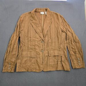 Chico's Women 2 US L/12 Brown 100% Linen Pleated Button Jacket Blazer